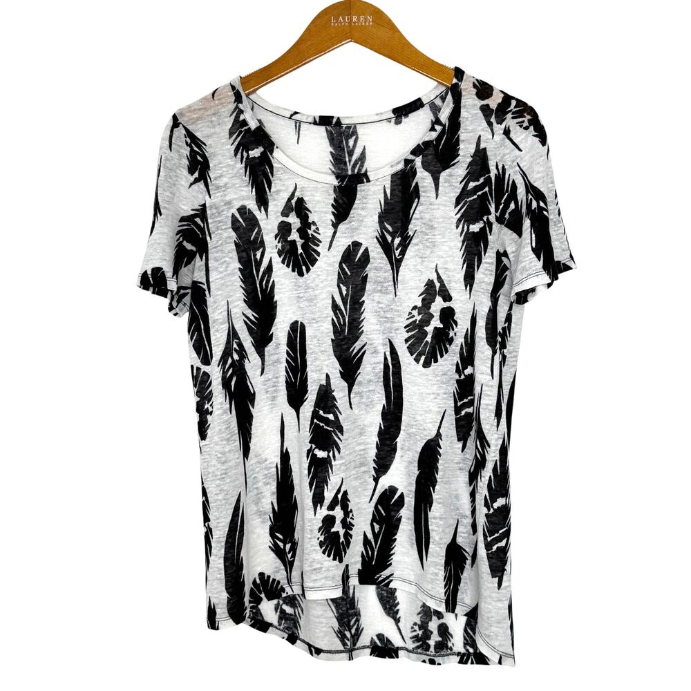 Vince linen top white with black‎ feather print